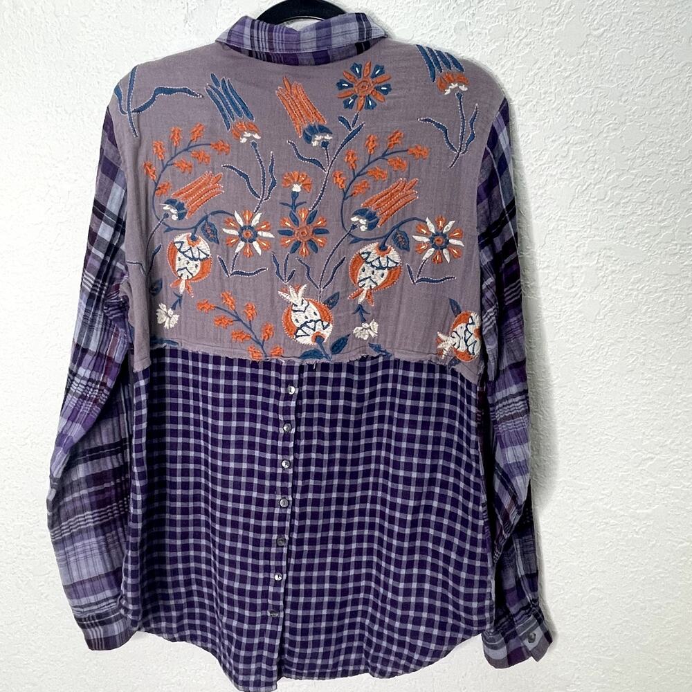 Sundance Womens Large Embroidered Plaid Shirt Purple Floral Boho Button Down